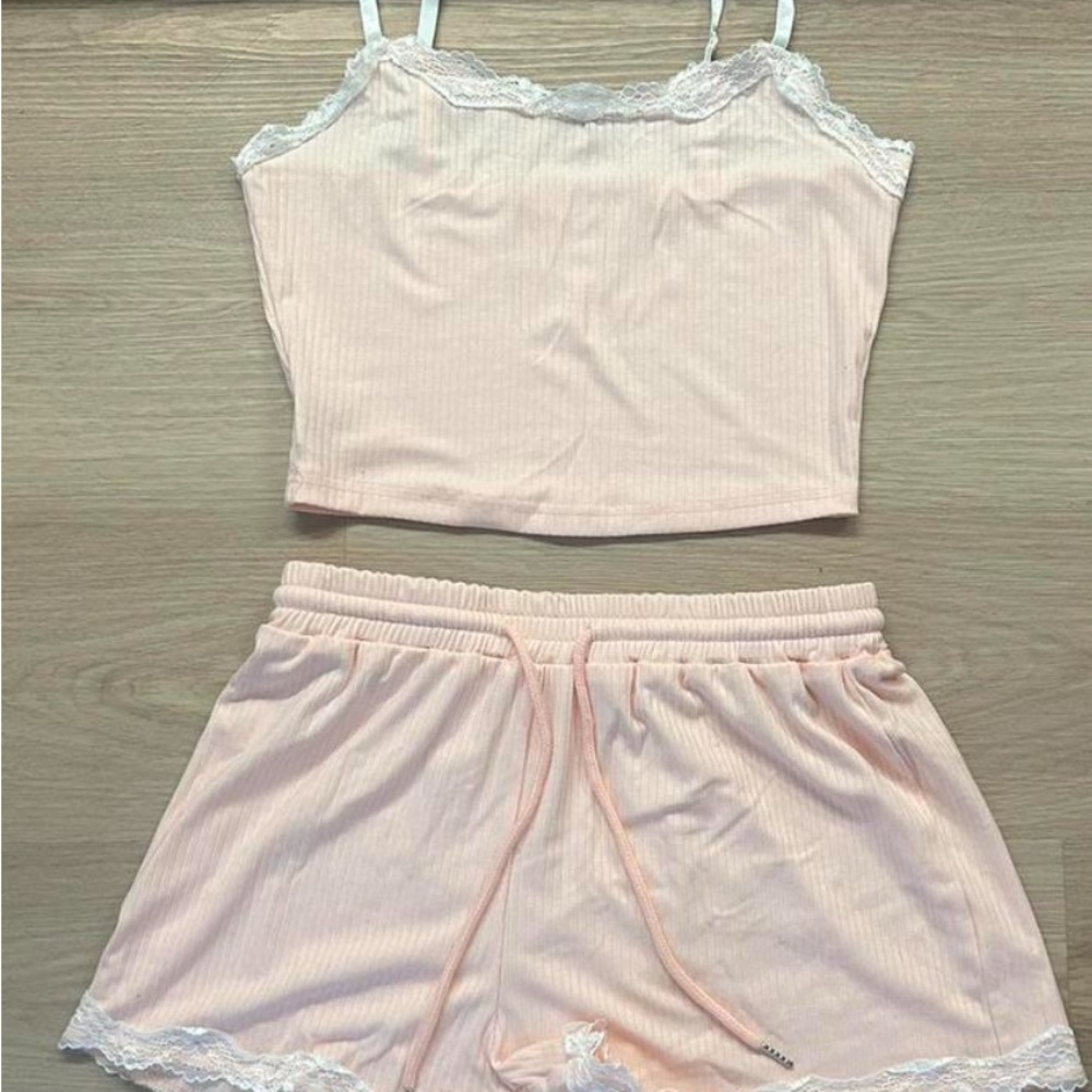 Pink Lace Trim Sleepwear Set